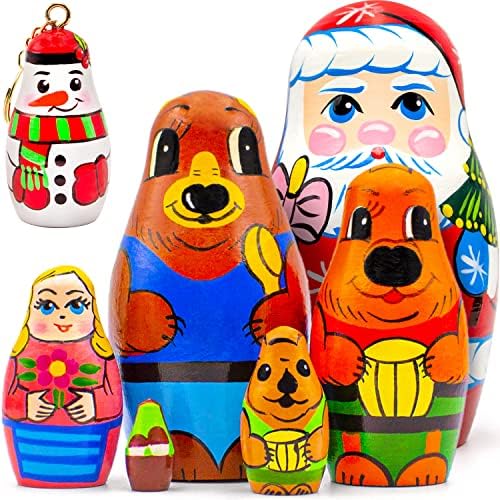 קבוצות בובות קינון חג המולד של 5 יח ' - בובות קינון אופי זהבילוקס ושלושת הדובים - מתנות רעיונות לחג המולד + חג בובות מטריושקה סנטה ומחזיק
