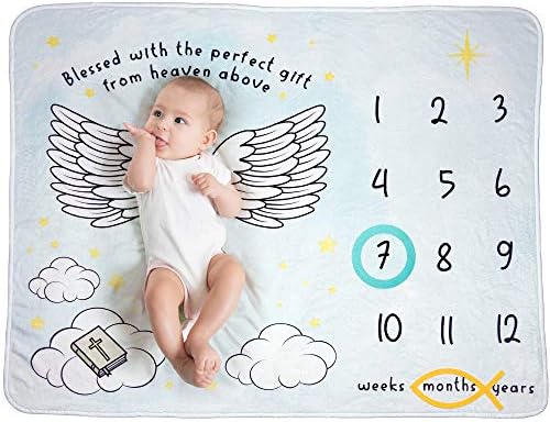 Qoochulu Christian Angel Wings Baby, Unisex, שמיכת אבן דרך חודשית למקלחת לתינוקות, אבזרי צילום צמיחה של פלייס קטיפה רכה במיוחד, תרשים