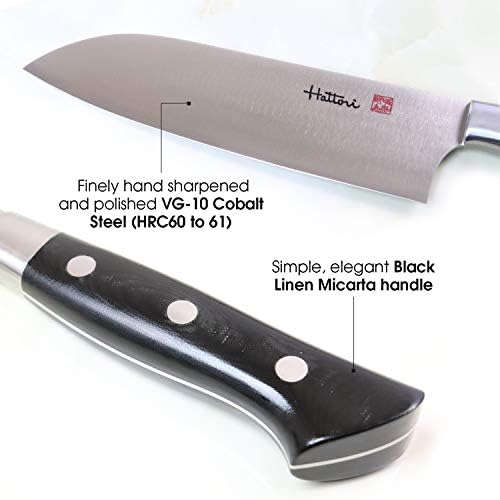 סכין שף יפנית מקורית של האטורי, סכין סנטוקו מקצועית 4 ליטר, סכין מטבח פרו פלדת קובלט 10 עם ידית מיקרטה פשתן שחורה ארגונומית, 6.6 אינץ
