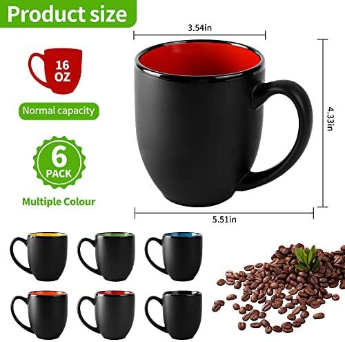 16 עוז קרמיקה קפה ספל סטים עם גדול ידיות מט שחור פורצלן ספל מרובה צבעים כוסות קפה, תה, מיץ, קקאו סט של 6