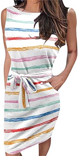 נשים חגורת מיני שמלת קיץ אופנה פסים קצר שרוולים צווארון עגול חוף שמלה קיצית רזה בכושר כיס מזדמן שמלה