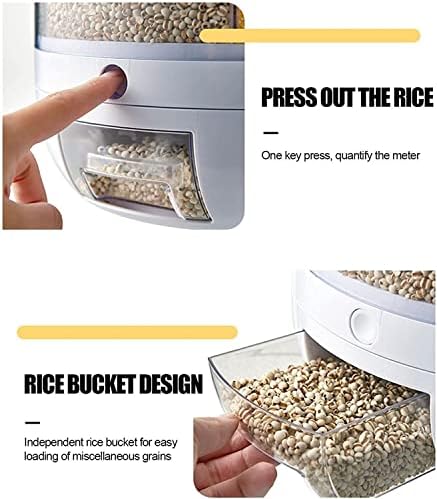 מתקן אורז, מתקן אורז מסתובב בגודל 6-רשת 12 פאונד, מיכל אחסון אורז ודגנים, פלט אורז בלחיצה אחת, דלי אחסון אורז גלוי ועגול לדגנים, חטיפים,