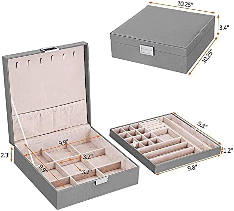 קופסת תכשיטים בוישום לנשים מארגן עגילים קופסא - 6 ווים שרשרת, 2 שכבות - קופסאות תכשיטים מחזיק תכשיטים מארז תכשיטים לבנות אפור