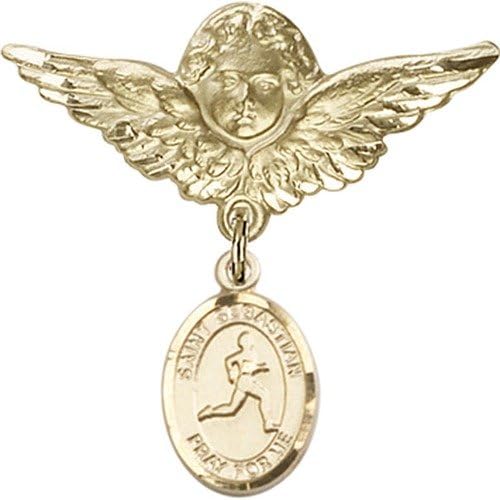 תג תינוק מלא זהב עם סנט סבסטיאן / קסם מסלול ושדה ומלאך עם סיכת תג כנפיים