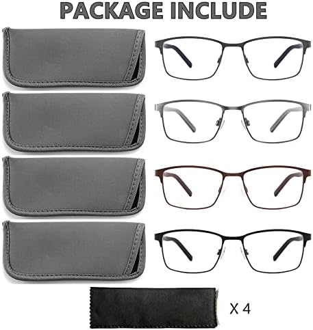 4 אריזות משקפי קריאה לגברים, קוראי מחשב כחולים חוסמים אור, אנטי UV קרני/מאמץ עיניים/בוהק, משקפי ראייה מתכתיים עם שקיות
