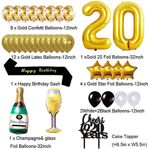 ערכת קישוטים ליום הולדת 20 זהב, לחיים עד 20 שנה בלוני באנר עוגה 20 טופר יום הולדת אפס