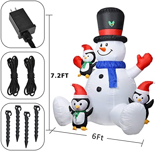 Dearhouse 7ft מואר חג מולד מתנפח איש שלג עם שלושה פינגווינים חמודים, מסתובבים 7 אורות מחליפים בניין 3 אורות LED חיצוניים חצר חופשה מקורה