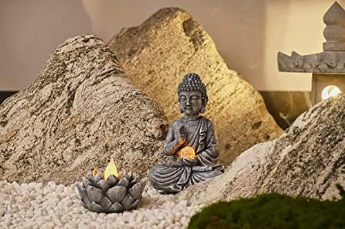האוספים של תרזה מדיטציה במדיטציה של בודהה פסל ופסל גן פנס לוטוס עם אורות סולאריים, סט של 2 כפרי בודהה פסל חיצוני פסל רוחני זן עיצוב גן