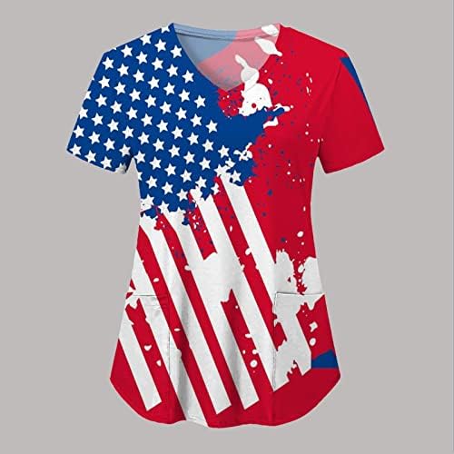 4 ביולי חולצת טי לנשים ארה ב דגל קיץ קצר שרוול צווארון חולצות עם 2 כיסים חולצות חג מזדמן בגדי עבודה