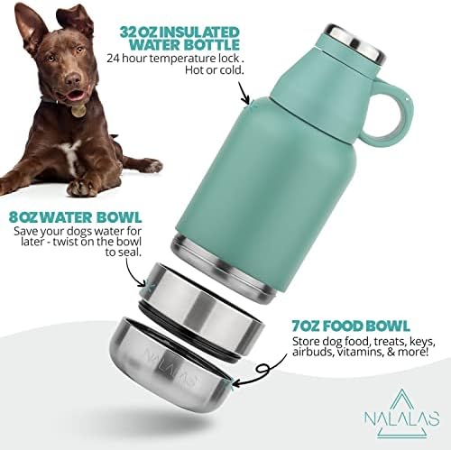 נלאלאס 3 ב 1 בקבוק מים נייד לכלבים-בקבוק מים מבודד גדול בגודל 32 עוז עם קערת מים לכלבים וקערת מזון-בקבוק מים לכלבים קערת כלבים ניידת-בקבוק