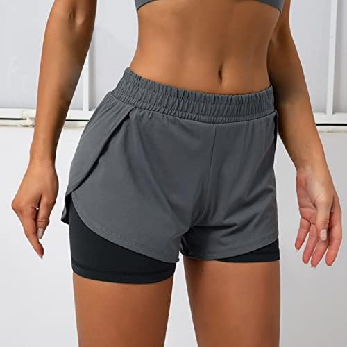2 נשים ב -1 מכנסיים קצרים שכבה כפולה מכנסיים קצרים במותניים קצרים בקיץ כושר יוגה יוגה אימון אימון אלסטיים למכנסיים חיצוניים