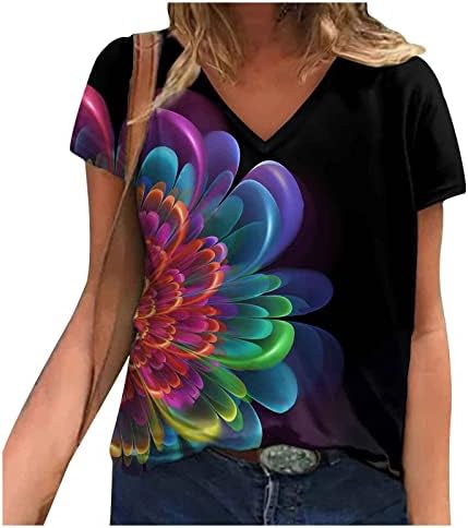 חולצות לנשים 2023 טרנדי בדוגמת רופף קצר שרוול צווארון נוח מפנק יומי טיז פרחוני מקרית חולצות