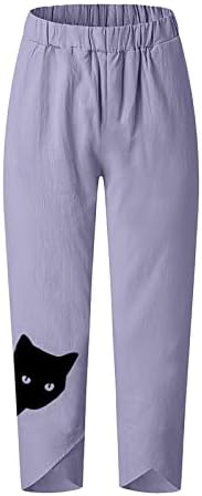 מכנסי פשתן Chgbmok לנשים רטרו הרם מכנסיים קפריס קצוצים מכנסי טרקלין מחודדים קיץ מכנסיים רופפים רופפים מכנסיים רחבים