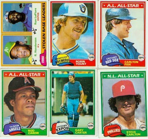 1981 בייסבול של טופס שלם ליד סט כרטיסים מנטה 726. כולל כרטיסי טירון של טים ריינס, פרננדו ולנצואלה, קירק גיבסון ואחרים פלוס כרטיס השנה