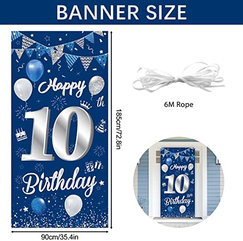 כיסוי דלת יום הולדת 10 שמח, BTZO כחול כסף מפלגת יום הולדת קישוט יום הולדת 10 באנר רקע לגברים בנים קישוט דלת קיר גן, 185 x 90 סמ