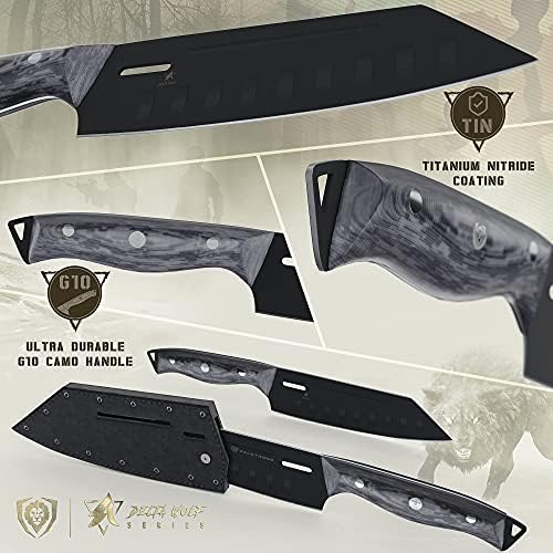 דלסטרונג דלתא וולף סדרת סנטוקו סכין 7 יחד עם דלתא וולף סדרת קילוף סכין 4 עם עור מפוצל נדן-שחור טיטניום ניטריד ציפוי-גרם 10 הסוואה ידית