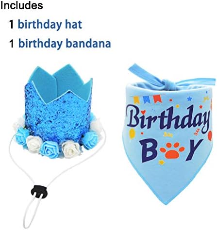 יום הולדת לכלב בנדנה ילד צעיף וכפתור כתר יום הולדת לכלב, בגדי ראש פרחים לכלבים בינוניים עד גדולים כחולים
