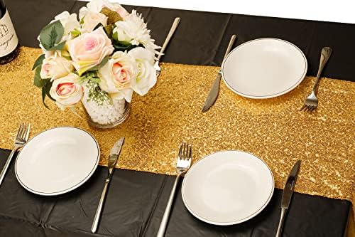 2 חבילות מלבן שחור מלבן שולחן ו -2 חבילות סט רץ שולחן נצנצים זהב, מטליות שולחן שחור וזהב מכסה שולחן פלסטיק חד פעמי ליום הולדת למסיבה יום