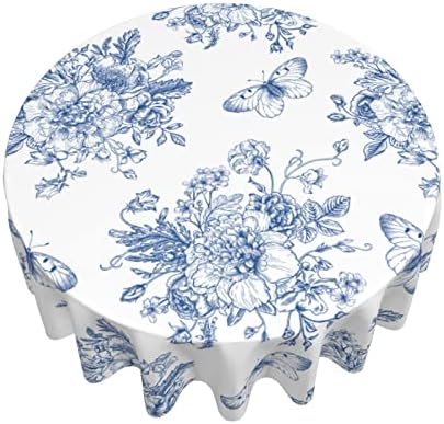 כחול פרפר פרחוני עגול מפת שולחן 60 אינץ חווה כפרי מפת שולחן אביב קיץ שולחן בד, פרח חיצוני ומקורה שולחן כיסוי לבית המפלגה מטבח פיקניק אמהות