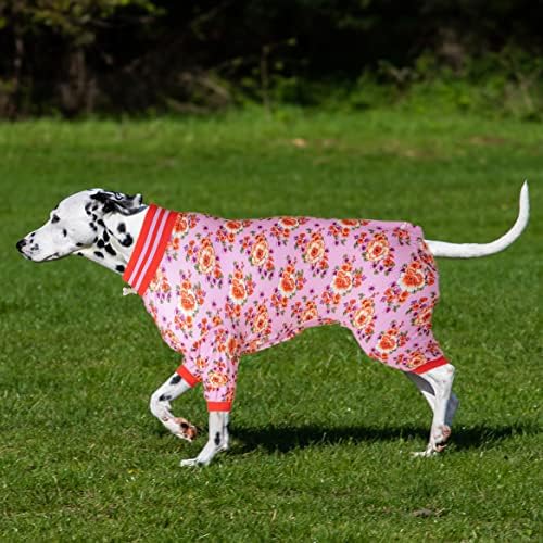 Lovinpet Pitbull Dogs בגד סרבל, הגנת UV, הקלה על חרדת חיות מחמד בגד גוף כלב צווארון גבוה, הדפסי נושם לילך פרחוני/אפרסק/זית ג'אמי כלבים