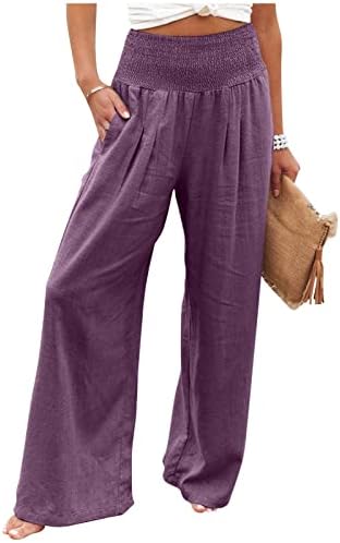 מכנסי Iaqnaocc לנשים, פשתן כותנה נוחה רגל רחבה מותניים גבוהה מכנסי טרקלין