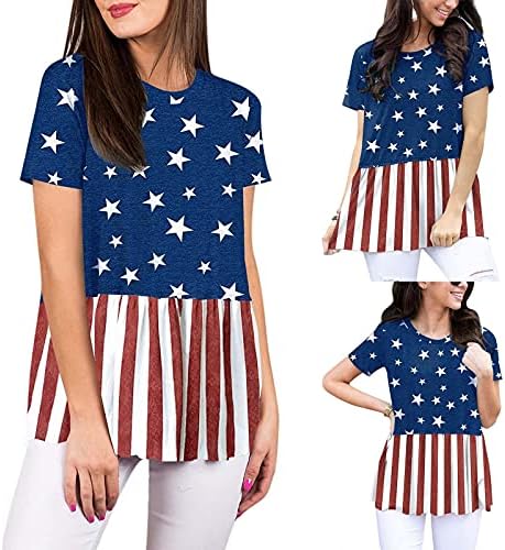ליד זמן נשים מקרית חולצה אמריקאי דגל הדפסת למעלה קצר שרוול עגול צוואר טוניקות חולצות חולצות