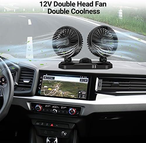 מאוורר קירור מכוניות חשמליות, 12V 360 ° מתכוונן ראש כפול מאוורר קירור אוויר עם שני יציאת טעינה פלט חכמה של 3.1A USB, מאוורר רכב רכב נמוך